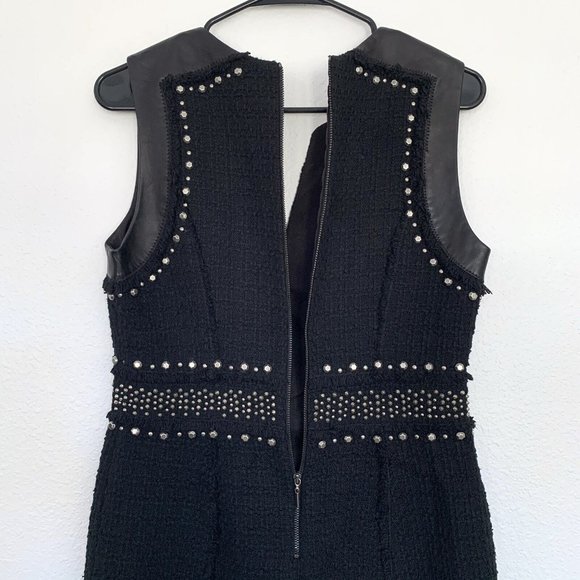 Rebecca Taylor Dress Black Tweed Studded Sleeveless Lamb Leather Fray - Picture 12 of 12